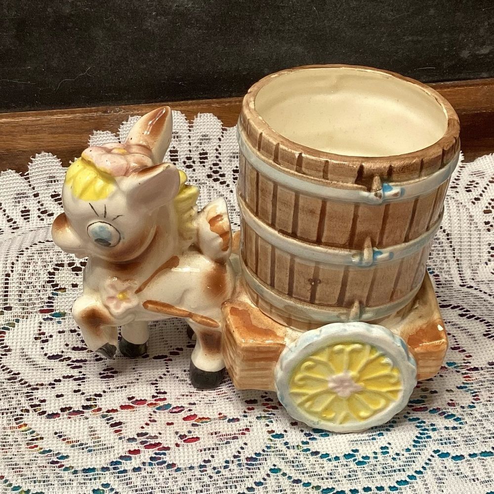 Ceramic Indoor Planter Horse/Donkey Pulling Cart Wales Made in Japan